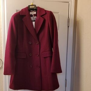 Elegant Women's Double-Breasted Pea Coat in Burgundy